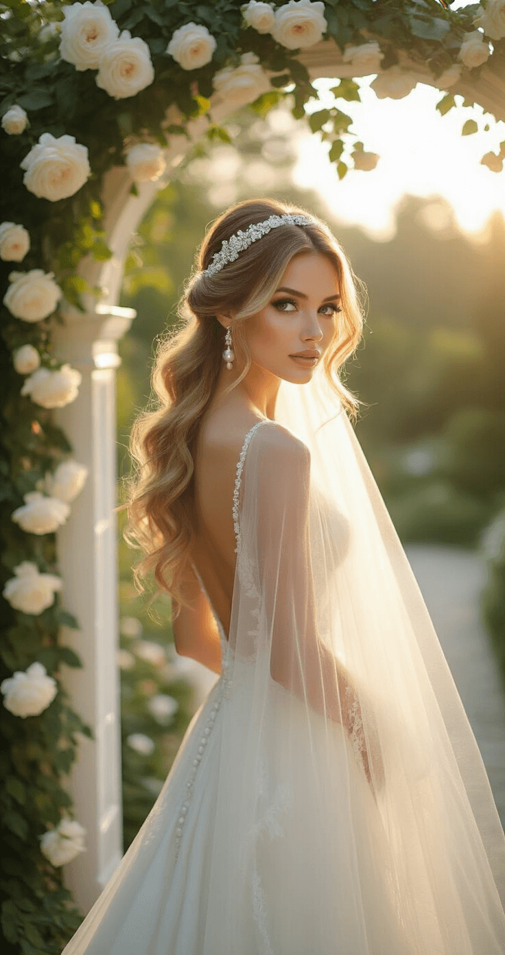 A bride with glamorous, cascading waves and a pearl headband stands before a white rose-covered archway on a garden terrace, her champagne-blonde hair illuminated by warm sunlight, as her cathedral veil floats in the breeze during the magical late afternoon hour.
