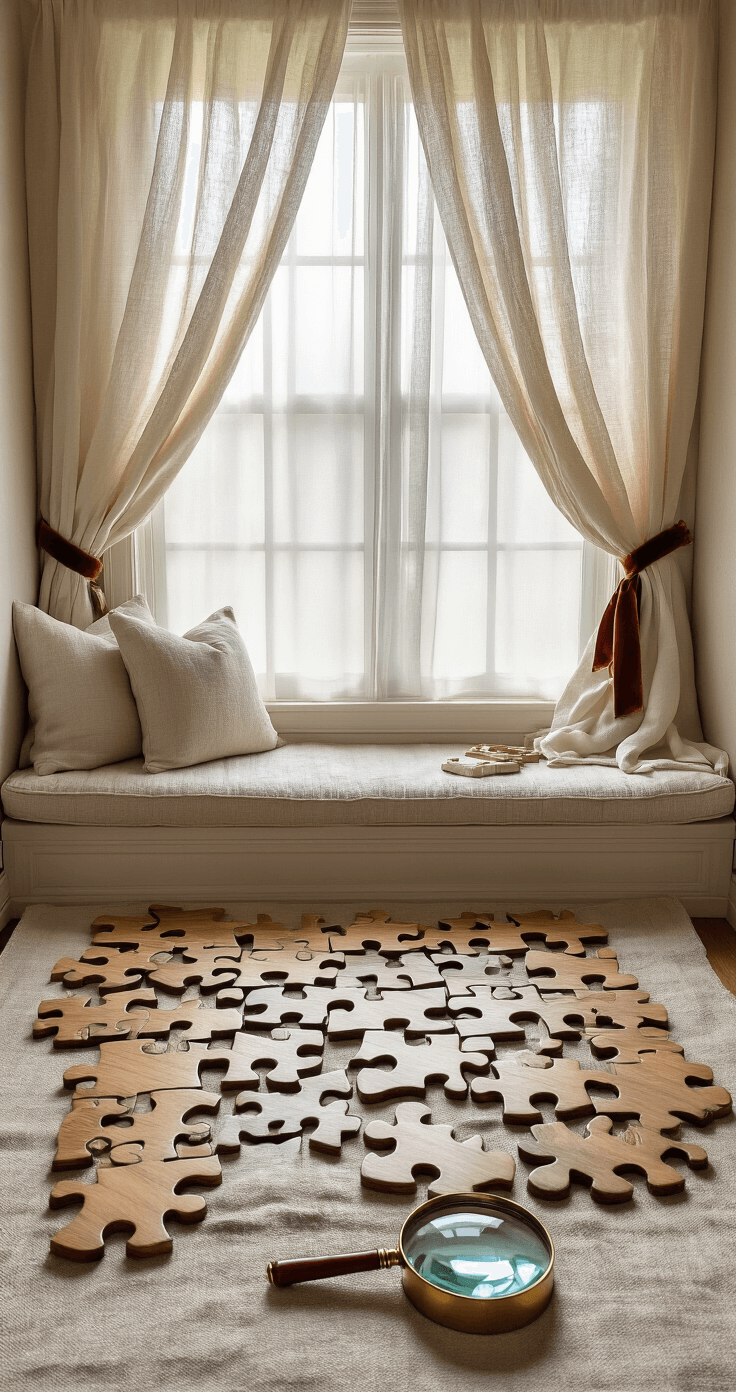 A cozy reading nook features a 10x12ft built-in window seat adorned with custom wooden puzzle pieces arranged on textured linen. Soft afternoon light filters through sheer curtains, highlighting a vintage brass magnifying glass and velvet ribbon. The image captures the intricate details of the puzzle with atmospheric depth of field.