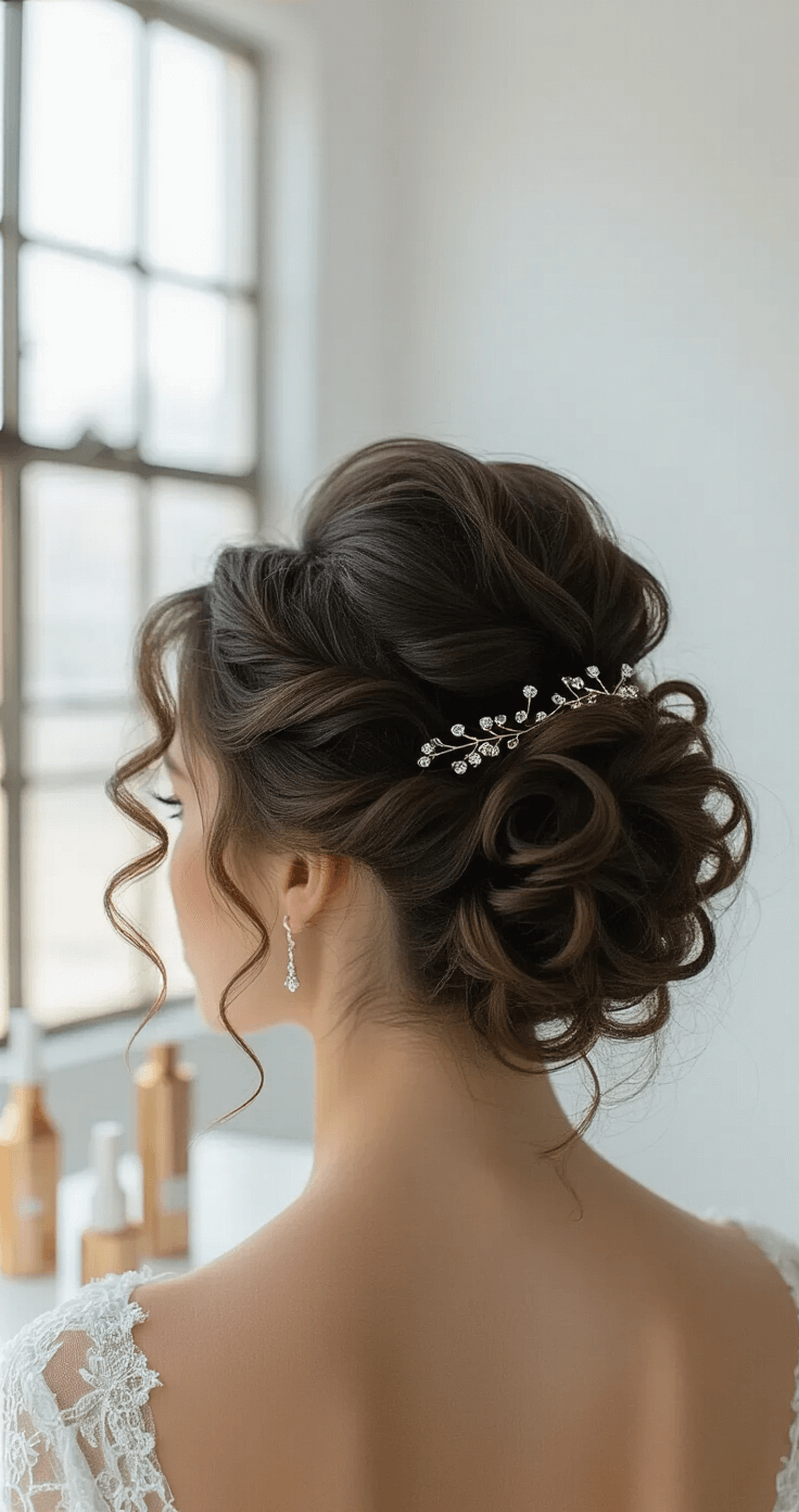 A modern bridal salon interior with white walls and industrial windows, featuring a close-up of a bride with natural curly hair in a structured updo adorned with crystal pins, with matte gold styling tools and premium curl products blurred in the background.
