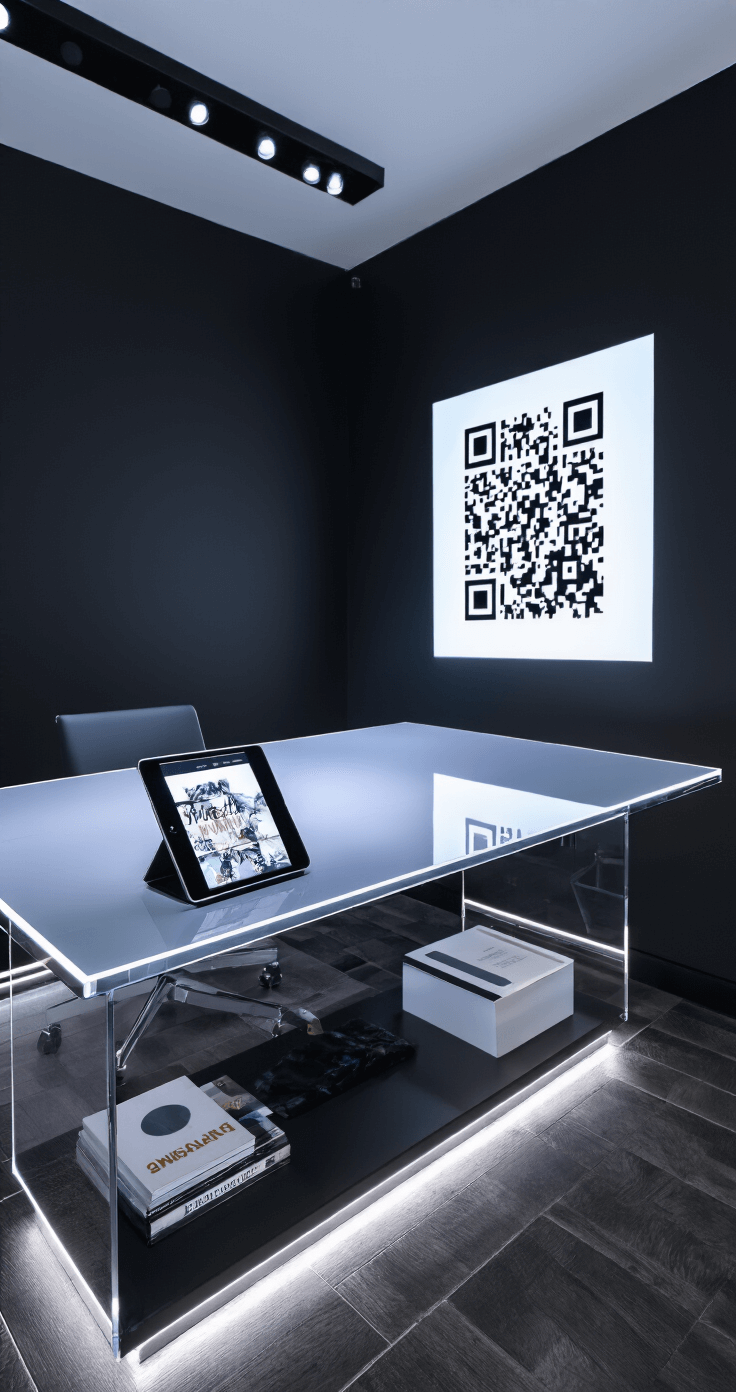 Minimalist home office with a matte black accent wall and projected QR code, featuring a modern acrylic desk with a tablet displaying wedding inspiration, illuminated by LED strip lighting in a tech-forward ambiance.