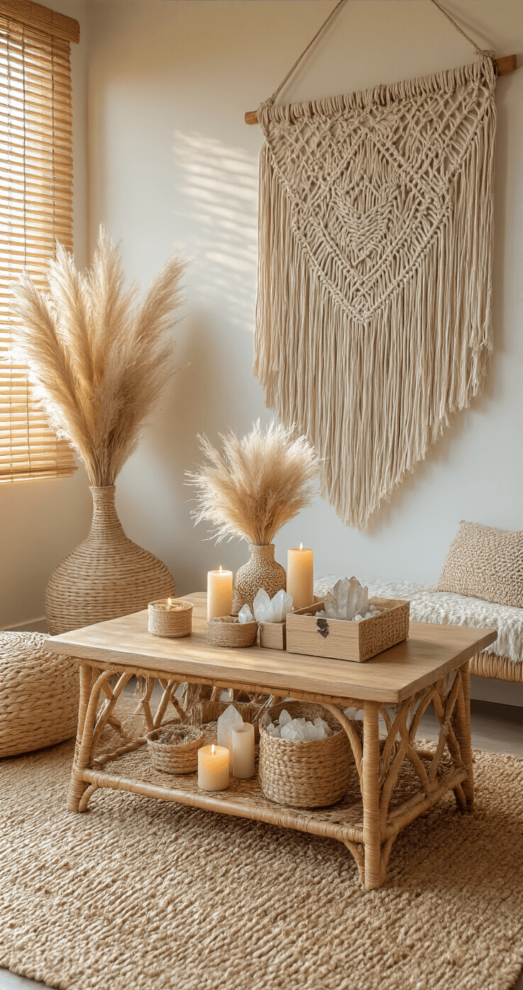 A cozy bohemian living space featuring a macramé wall hanging, rattan accents, and a low coffee table adorned with handmade proposal boxes, dried pampas grass, and hand-dipped candles, all illuminated by golden hour light filtering through bamboo blinds, with a natural jute rug beneath.