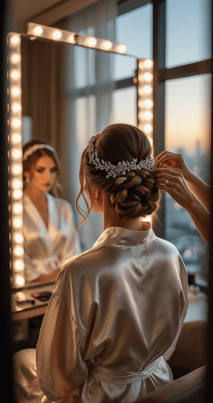 Bride in silk robe seated in a luxurious hotel room at dawn, stylist finishing an elaborate braided crown updo, multiple mirrors reflecting the intricate hairstyle with crystal accessories, professional lighting adds an editorial touch, shot from behind showcasing the stylist's technique.