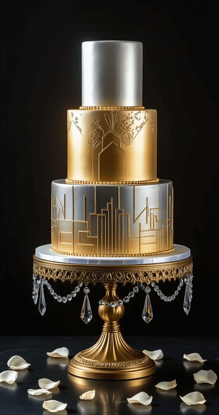 Three-tier wedding cake on a gold stand, featuring a silver to gold ombré effect and Art Deco patterns, illuminated by spotlighting against a dark background, with gold leaf accents and scattered rose petals.