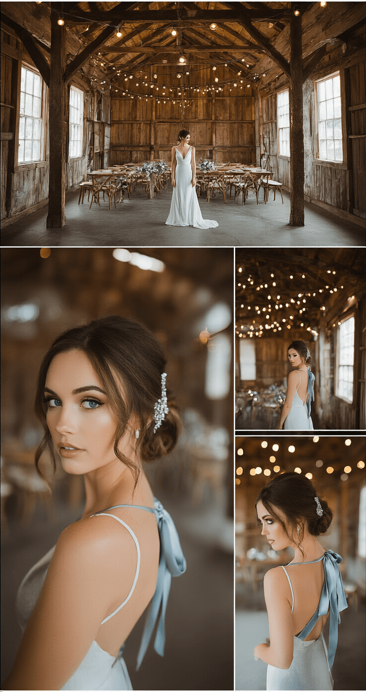 A winter bride in a rustic-chic barn venue features a sleek low bun adorned with a crystal-encrusted hair comb and ice-blue silk ribbons, highlighted by dramatic side lighting that enhances her glossy hairstyle against the wooden beam backdrop.