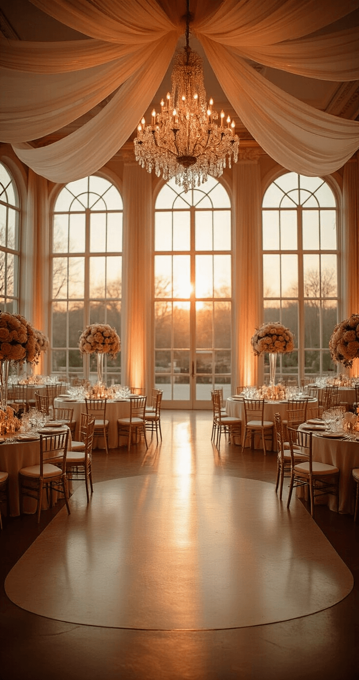 Wedding reception ballroom at golden hour, featuring dramatic floor-to-ceiling windows that illuminate the space in warm amber light. Central dance floor surrounded by ivory-draped round tables, adorned with elaborate floral centerpieces of blush peonies and white roses. The scene is enhanced by crystal chandeliers casting prismatic reflections, with a white chiffon ceiling draping creating an ethereal canopy effect. The romantic dusty rose and champagne color scheme is showcased in a wide establishing shot.
