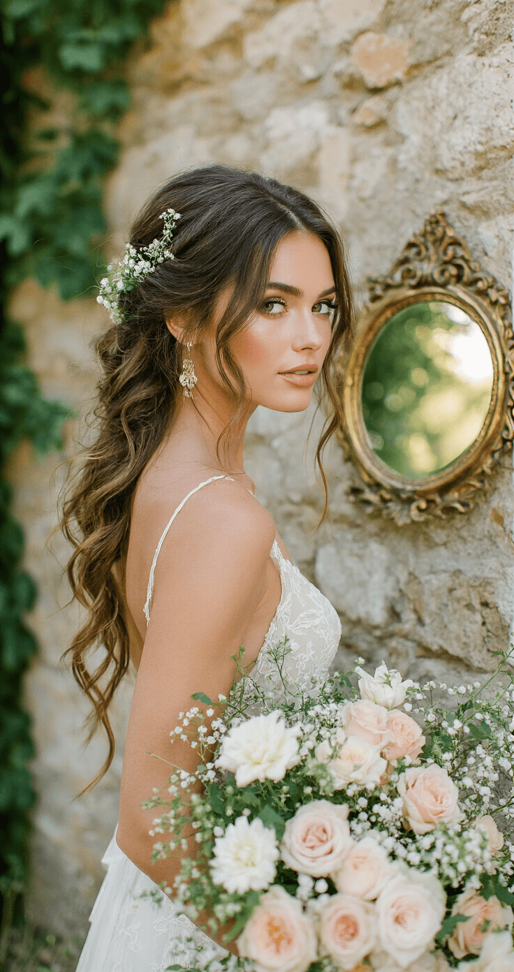 A summer bride in a bohemian-inspired half-up hairstyle with garden roses and baby's breath, standing in an intimate outdoor courtyard during golden hour. A vintage brass mirror reflects her cascading natural waves and soft curls, against a weathered stone wall.