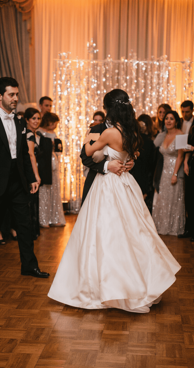 Intimate dance floor scene with a brother in a black tuxedo and sister in an ivory wedding gown sharing a spotlight, surrounded by emotionally engaged guests in a circular formation. Warm amber uplighting and pin spots create a romantic ambiance, while the wooden parquet floor reflects the soft glow. Crystal décor sparkles in the background, captured in medium shot with a dreamy bokeh effect.