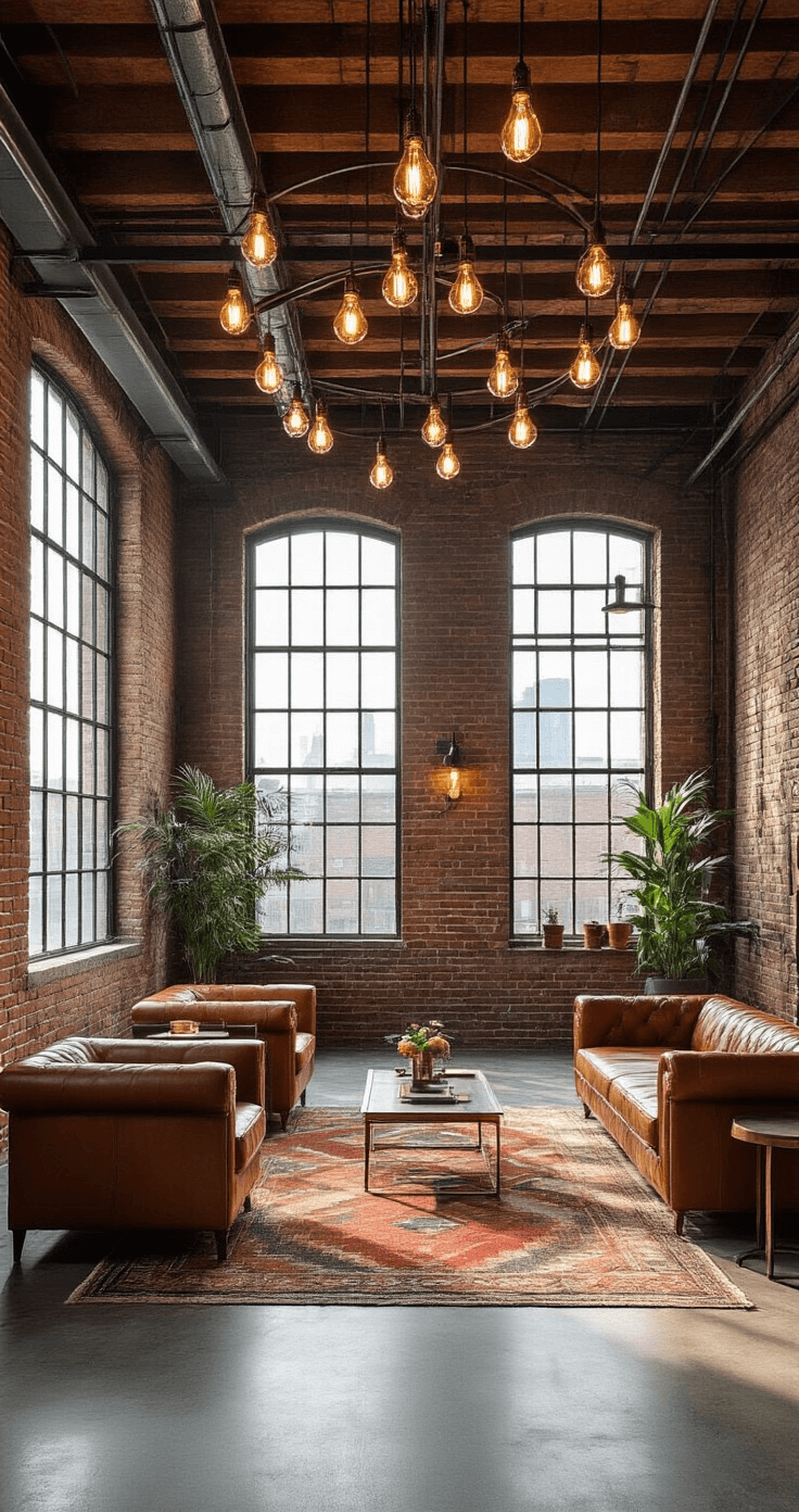 Interior of a modern industrial loft venue showcasing exposed brick walls and steel beams, with polished concrete floors. Afternoon light filters through factory-style windows, highlighting a vintage Edison bulb installation overhead. Mixed metallic décor in copper, brass, and silver adorns the space, while lounge areas feature cognac leather seating on geometric rugs. The image is captured from a low perspective, emphasizing architectural details and the play of light.