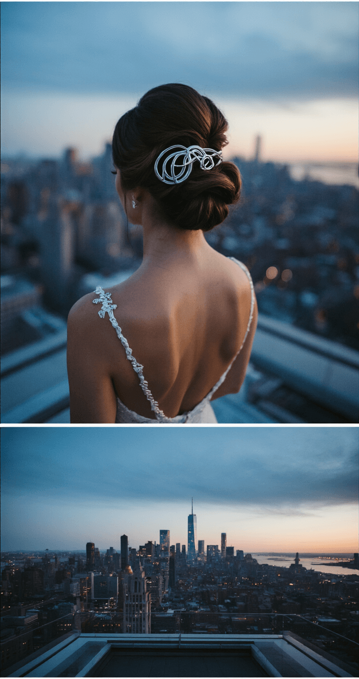 Bride with an avant-garde twisted updo featuring architectural loops and silver geometric hair accessories, posing at a contemporary rooftop venue at blue hour with a city skyline backdrop; professional beauty lighting enhances the sculptural details against a dramatic sky.