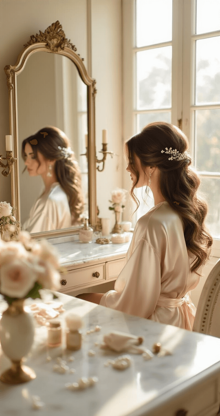 A bride in a silk robe sitting at a vintage vanity in a sunlit bridal suite, her hairstylist creating soft waves in her long brunette hair, with delicate pearl pins on the countertop and warm golden light reflecting in the mirror.