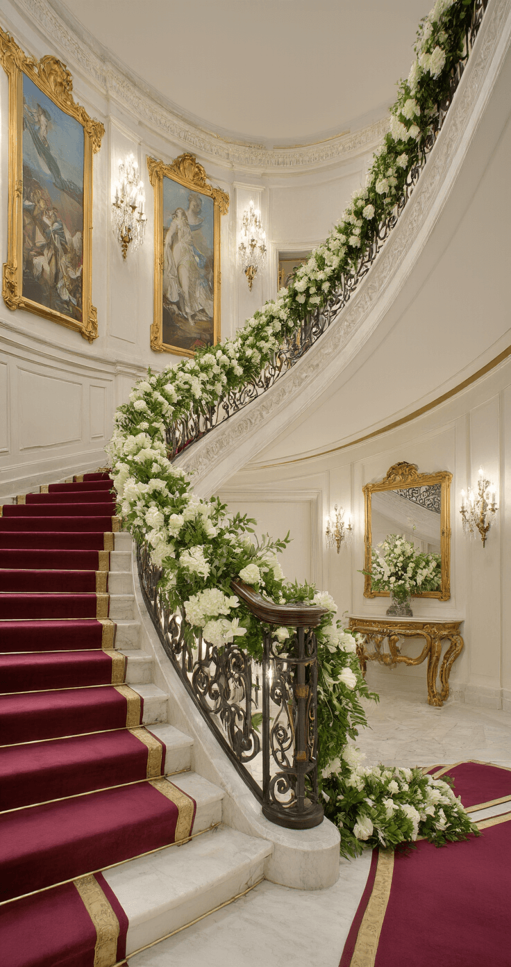 A grand ballroom staircase with a 20-foot height, featuring evening lighting with crystal sconces, an ornate iron railing, and a rich burgundy carpet runner. Fresh floral garlands in white and green cascade down the banisters, while gilt mirrors and artwork decorate the walls. The image is taken from the bottom of the stairs at a dramatic upward angle, highlighting the architectural grandeur.