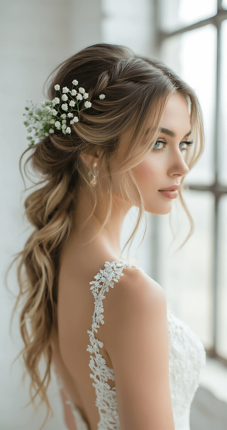 Close-up of a bride's half-up half-down hairstyle featuring loose bohemian braids intertwined with fresh baby's breath flowers, showcasing blonde highlights and soft waves, in a bright photography studio with white brick walls.