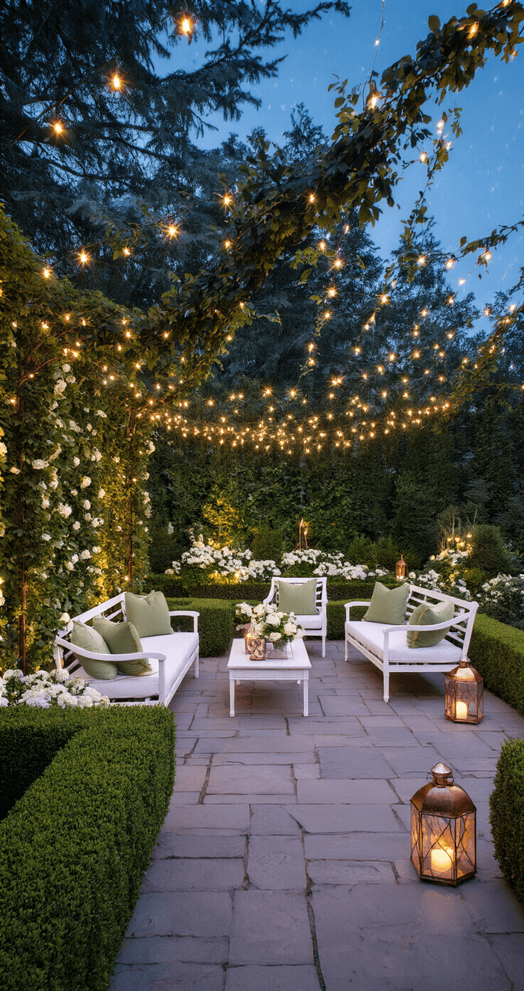 A cozy garden terrace reception space at twilight, featuring a stone patio, manicured hedges, white furniture with sage green accents, and abundant greenery and floral installations, illuminated by string lights and copper lanterns.