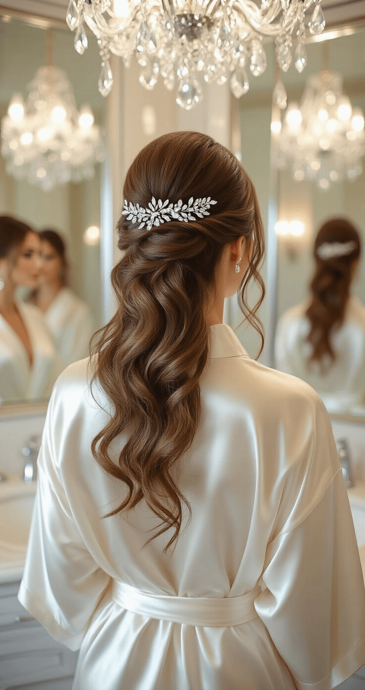 A bride in an ivory silk robe is finishing her hairstyle in a luxurious hotel bathroom, featuring marble surfaces and a crystal chandelier. Her half-up hair, adorned with a crystal hair vine, is highlighted by cool-toned lighting and reflected in multiple mirrors.