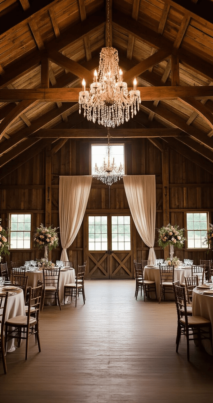 A vintage barn interior featuring a soaring wooden beam ceiling with a crystal chandelier, rustic farm tables adorned with fine china and gold accents, soft drapery framing the entrance, and mixed florals in muted pastels, all centered around a wooden dance floor, captured from an elevated perspective.