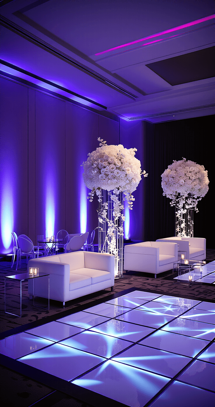 Contemporary hotel ballroom at night with dramatic purple and blue uplighting, sleek white leather lounge furniture, Lucite ghost chairs at glass-topped tables, massive modern white floral installations, and geometric lighting patterns on the dance floor, captured in a dynamic diagonal composition.