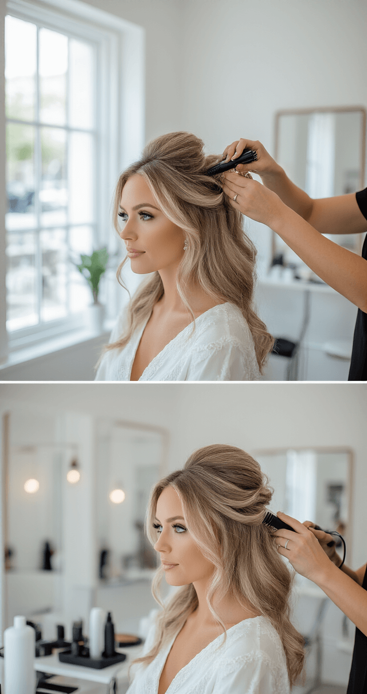 Close-up of a hairstylist creating volume at the crown of a bride's ash blonde hair in a modern minimalist bridal boutique, featuring white walls and large windows. Professional tools and products are artfully arranged in the background, with clean bright lighting highlighting the texturizing technique.