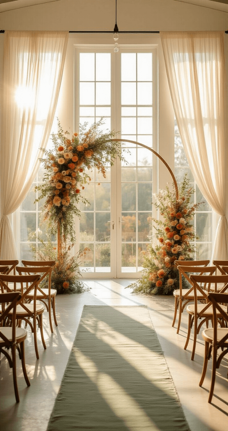 A sunlit modern ceremony space with white walls, featuring an 8ft copper and sage green floral arch, crossback wooden chairs, and terracotta pot arrangements, all illuminated by golden hour light filtering through floor-to-ceiling windows and sheer sage runners.