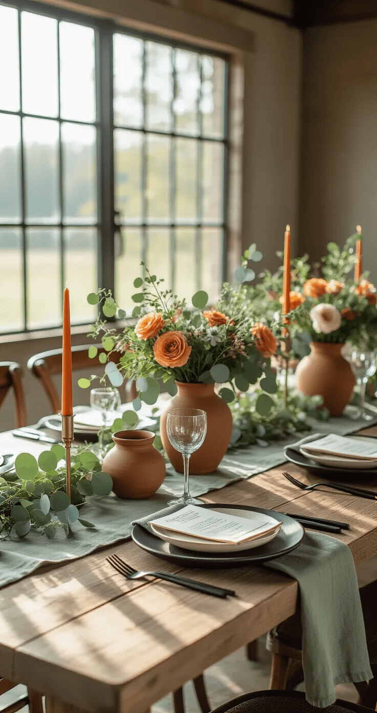 Intimate tablescape featuring a sage linen-dressed farmhouse table with terracotta vessels and garden-style arrangements, complemented by black flatware, cream chargers, and burnt orange taper candles in brass holders, captured in soft morning light with a bokeh background.