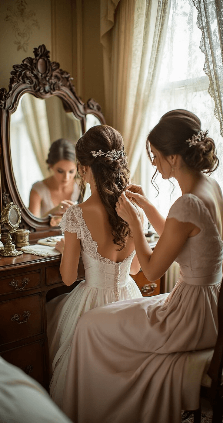 Bride at antique vanity in a Victorian-style bedroom, with bridesmaid carefully pinning vintage hairpins into her half-up hairstyle, surrounded by rich mahogany furniture and warm, soft natural light filtering through lace curtains.
