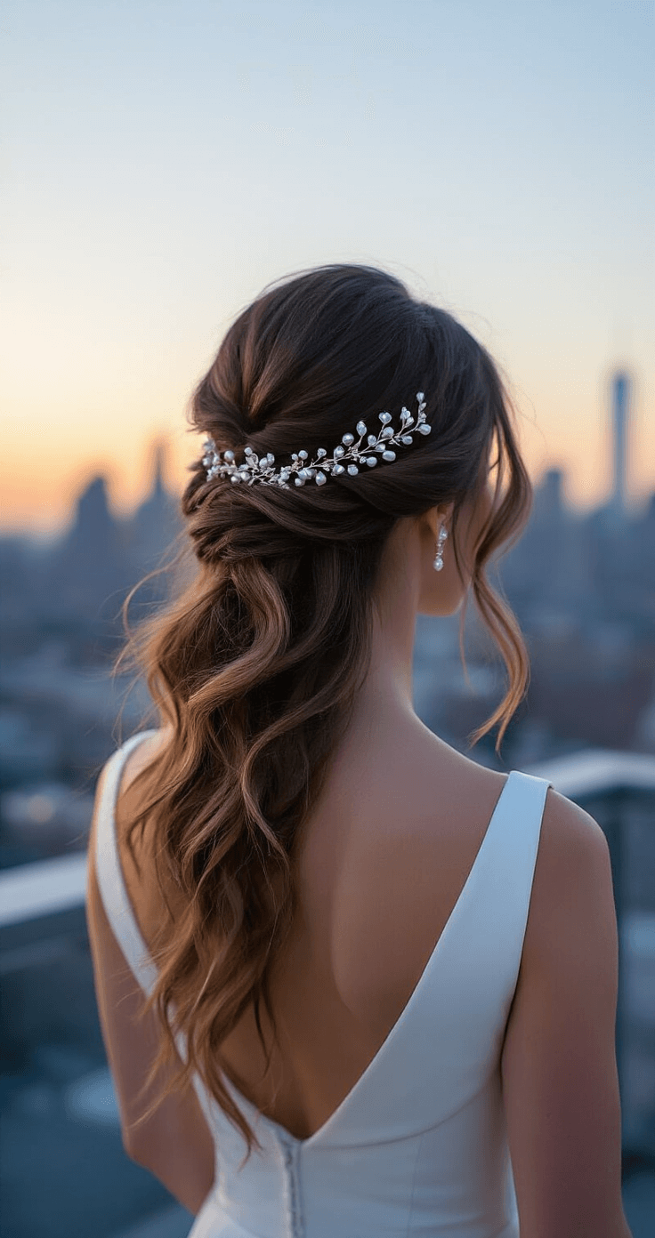 Bride's half-up hairstyle with loose waves and a pearl-adorned hair vine, captured at twilight against a city skyline, featuring dramatic backlighting that highlights the hair's movement and color.