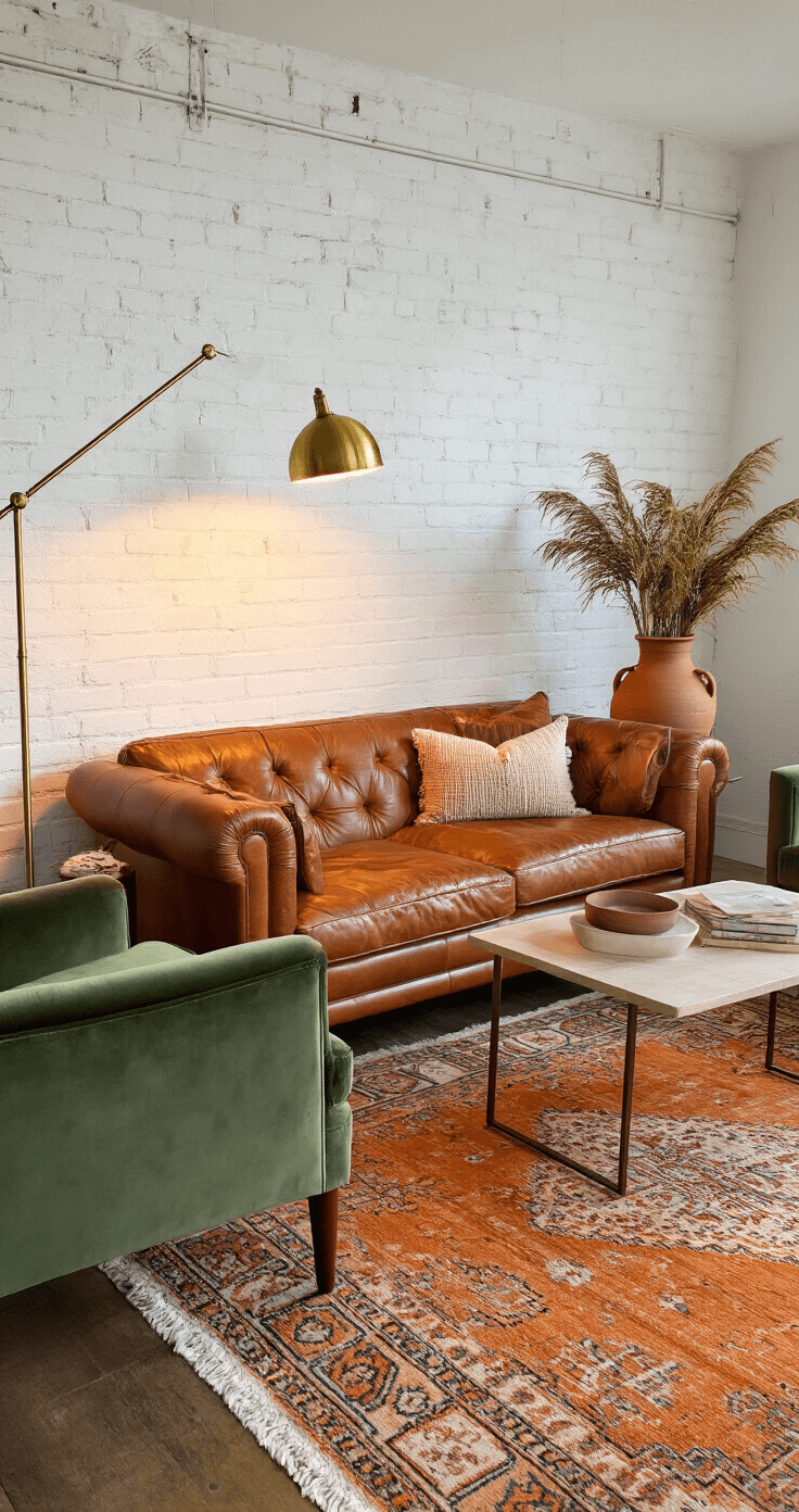 Cozy lounge vignette featuring a mid-century cognac leather sofa and sage velvet armchairs against whitewashed brick, layered vintage rugs, a brass floor lamp, and an oversized terracotta vessel, captured at blue hour with low lighting for a moody, intimate atmosphere.