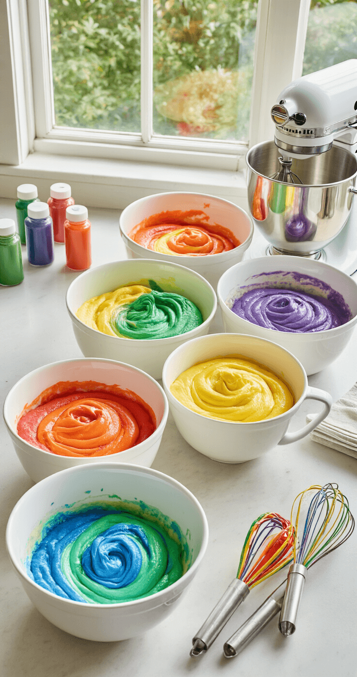 A sunlit professional kitchen with six white bowls of rainbow-colored cake batter arranged in an arc, a stand mixer nearby, and gel food coloring bottles scattered around.