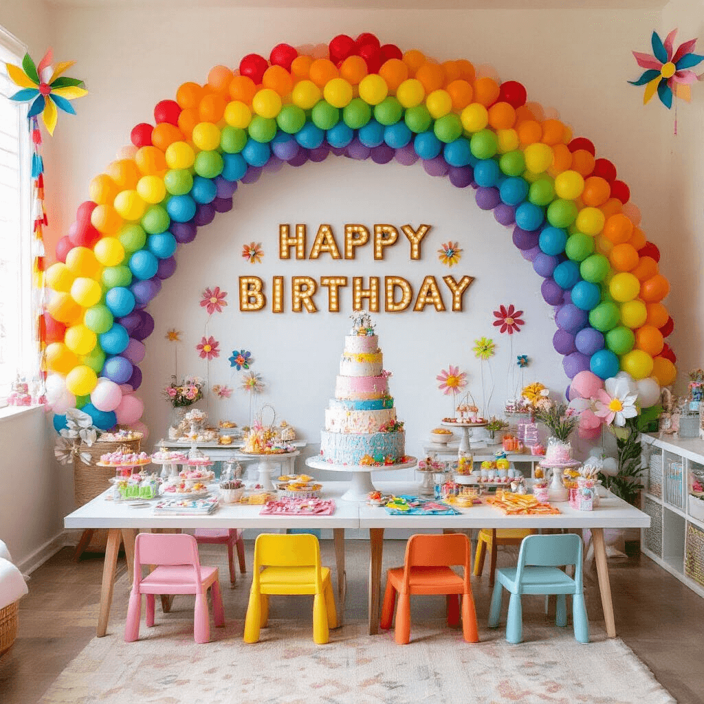 Stunning Garlands: Your Ultimate Guide to Creating Picture-Perfect Event Decor Aerial view of a colorful children's birthday party in a playroom, featuring a dessert table with a towering cake, balloon garlands, fabric strip decorations, craft area with low tables, oversized paper flowers, and a custom backdrop with marquee letters.