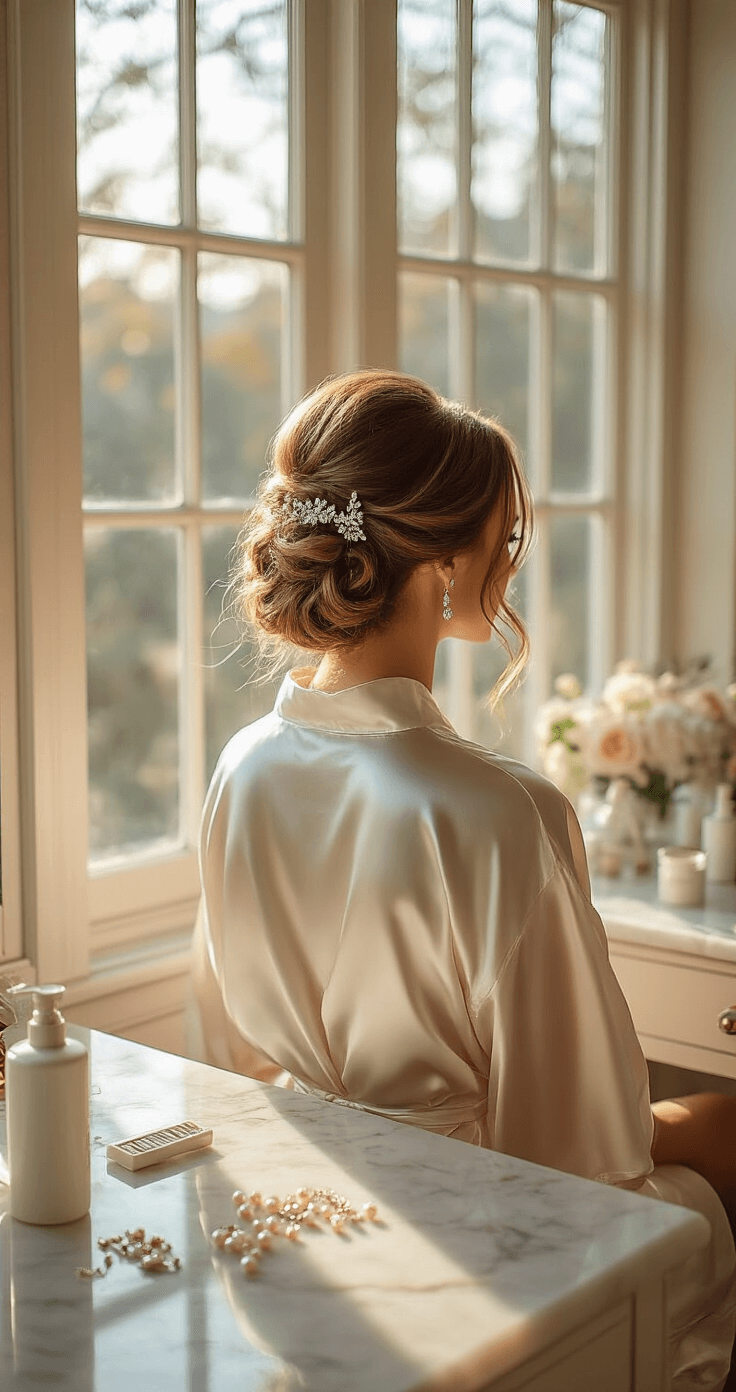A bride in a silk robe seated at an elegant vanity in a sunlit bridal suite, with her hairstylist creating a textured updo. Pearl-adorned pins and a professional curling iron are visible on the marble counter, illuminated by the warm morning light streaming through floor-to-ceiling windows. The angle captures the soft movement in her hairstyle and the intricate pin placement.