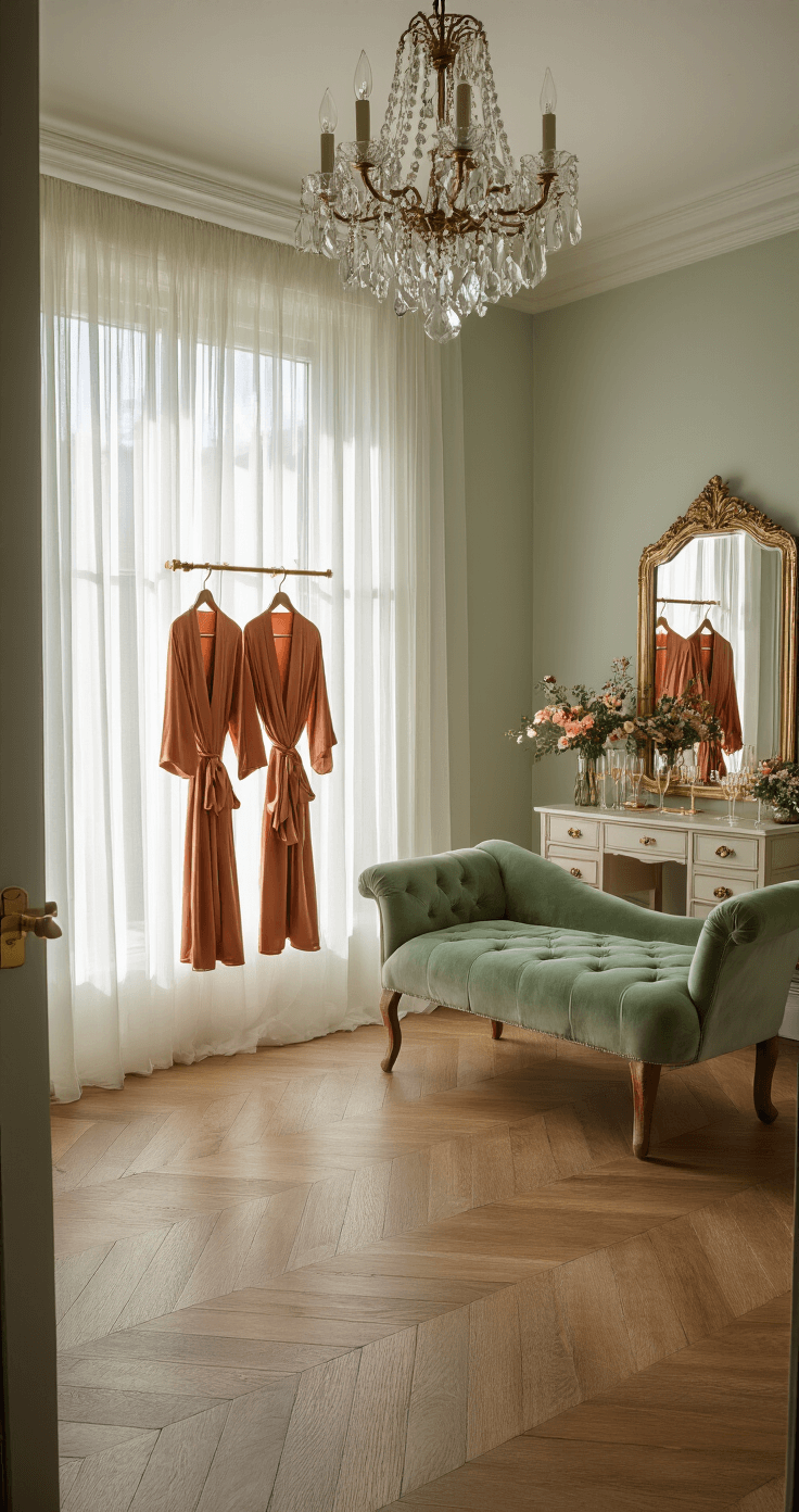 A serene bridal suite featuring herringbone hardwood floors, a sage green velvet chaise, and a vintage vanity, illuminated by morning light streaming through sheer curtains. Burnt orange silk robes hang from brass hooks, complemented by a crystal chandelier, scattered flowers, and champagne flutes, all contributing to a fresh and romantic atmosphere.