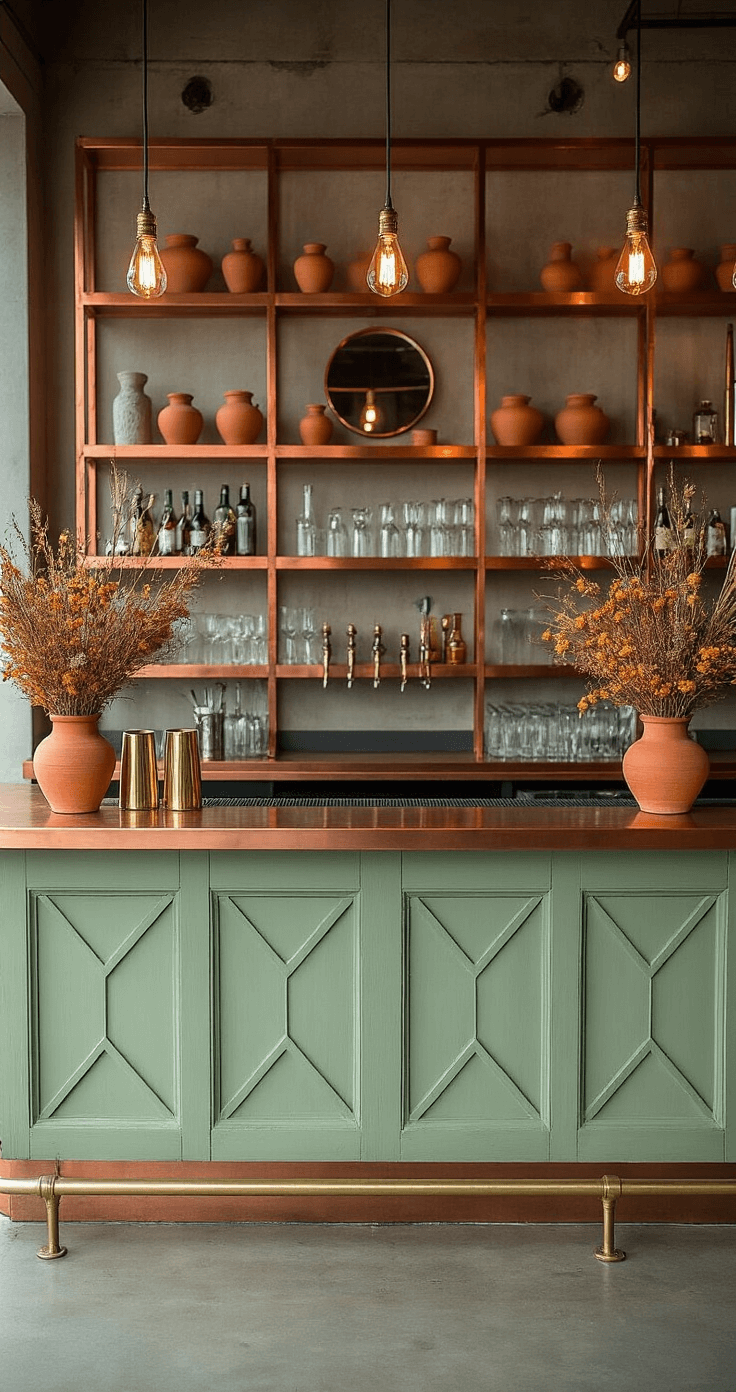 A stylish industrial-chic bar setup featuring a 15ft bar with copper shelving, sage green panels, terracotta pottery with dried arrangements, vintage mirrors, brass bar tools, and burnt orange cocktail garnishes, all illuminated by warm Edison bulbs in an evening lighting scenario.