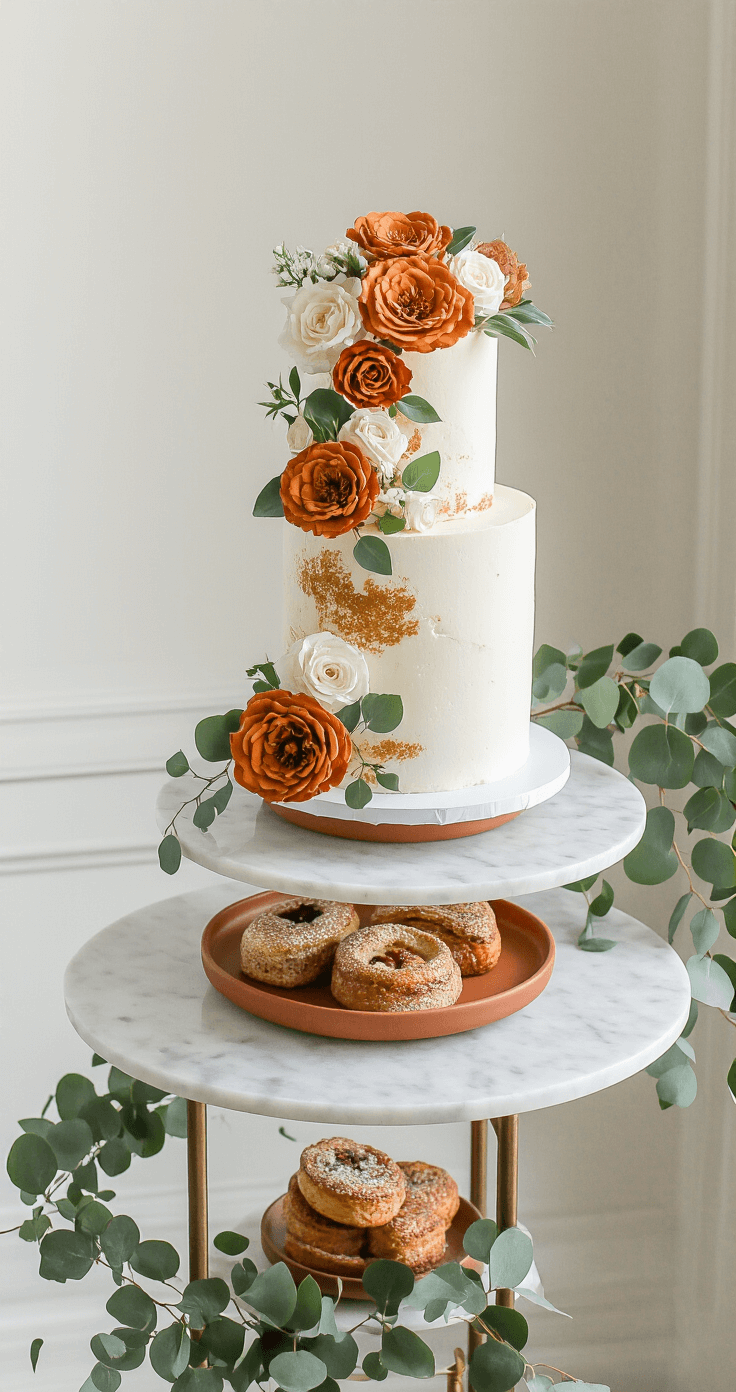 A beautifully arranged dessert display on a 6ft marble-topped console, featuring a white cake adorned with burnt orange and sage sugar flowers, artisanal pastries on terracotta plates, and a draping eucalyptus garland, shot from a slight overhead angle in soft, natural late afternoon light.