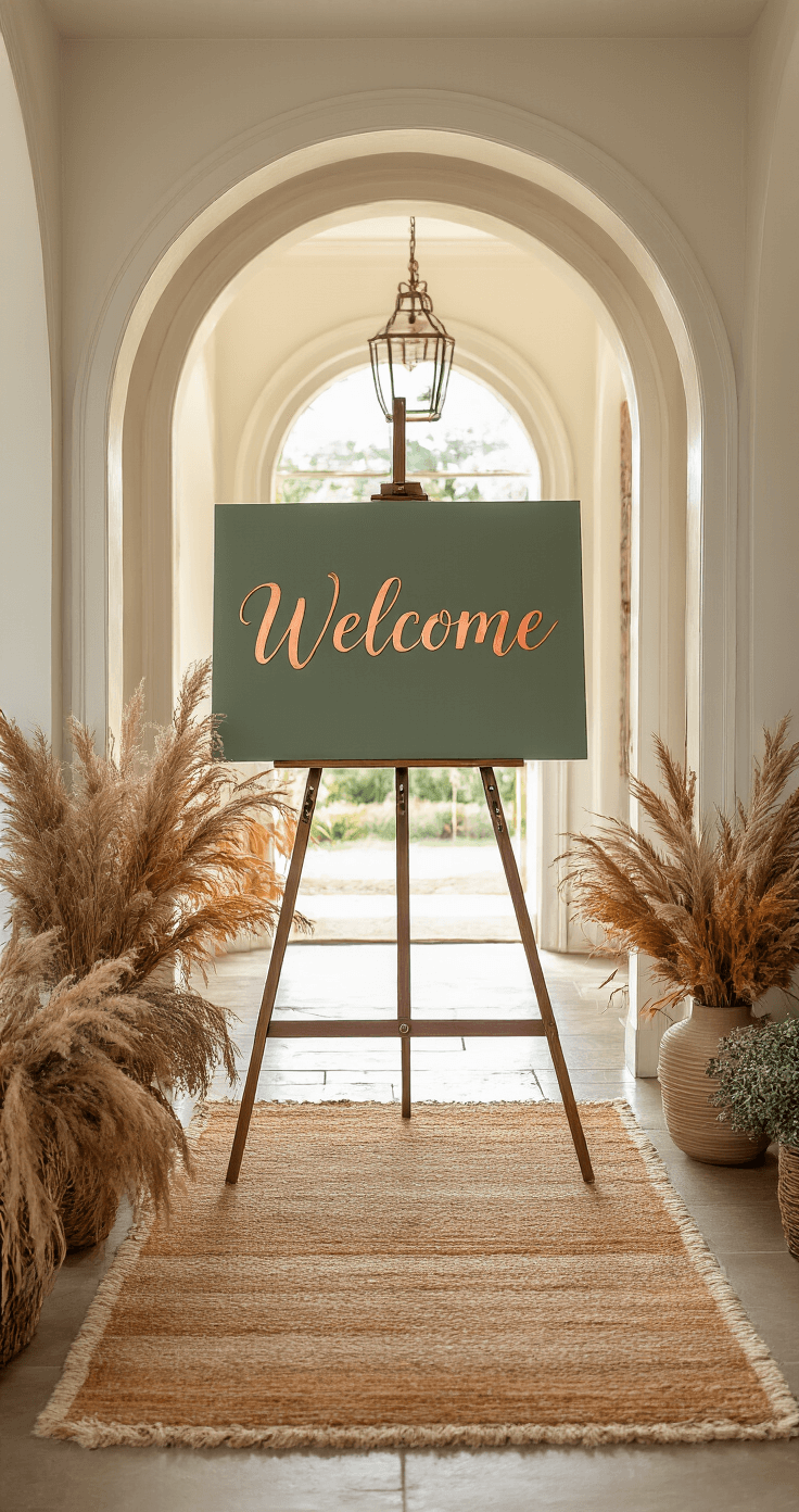 A grand 15ft entrance featuring an arched doorway and a vintage brass easel displaying a sage green welcome sign in copper calligraphy, surrounded by an asymmetrical floor arrangement of dried and fresh elements in burnt orange and green, set on a textured neutral rug. The scene is captured in golden hour lighting with subtle lens flare, conveying a welcoming and elevated atmosphere.