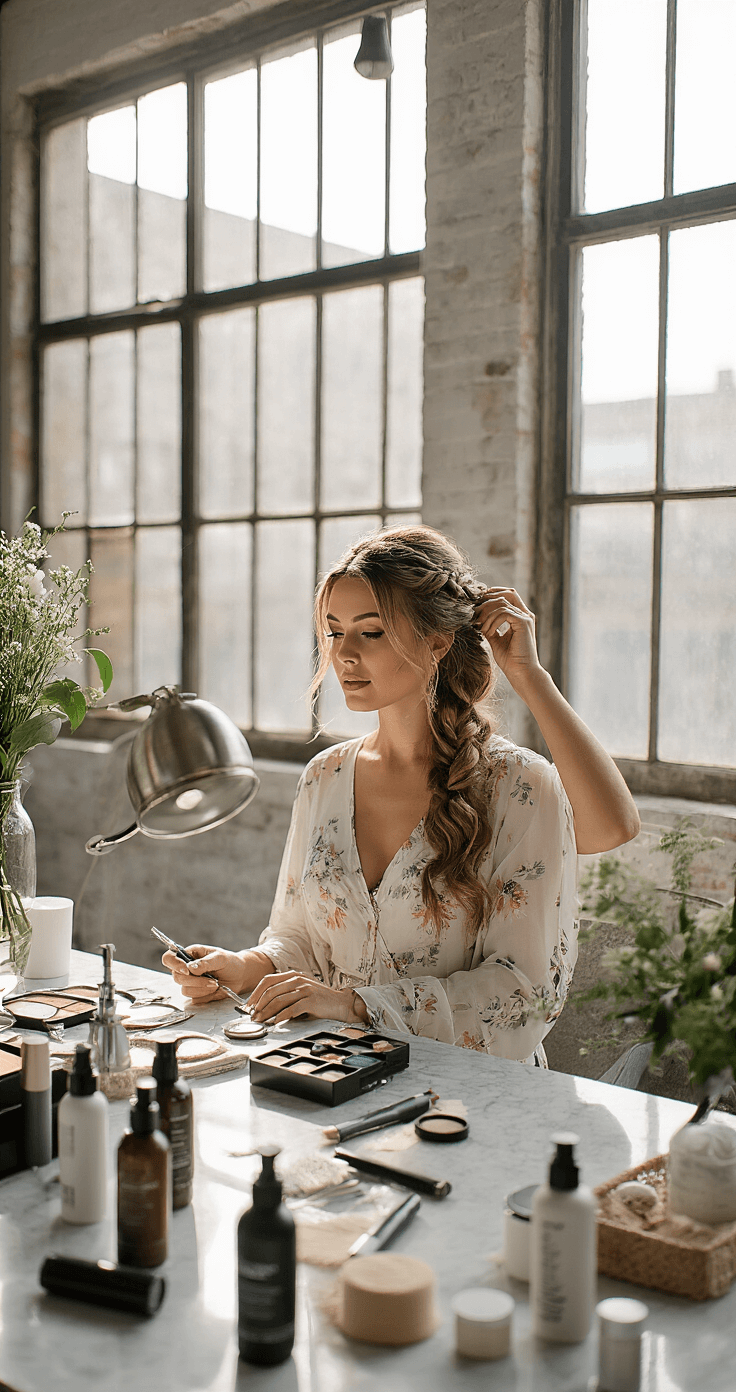 A stylist demonstrates DIY wedding hair techniques in a contemporary lounge, featuring industrial windows and a marble counter adorned with various styling tools and affordable accessories, as cool morning light highlights a half-up braided hairstyle.