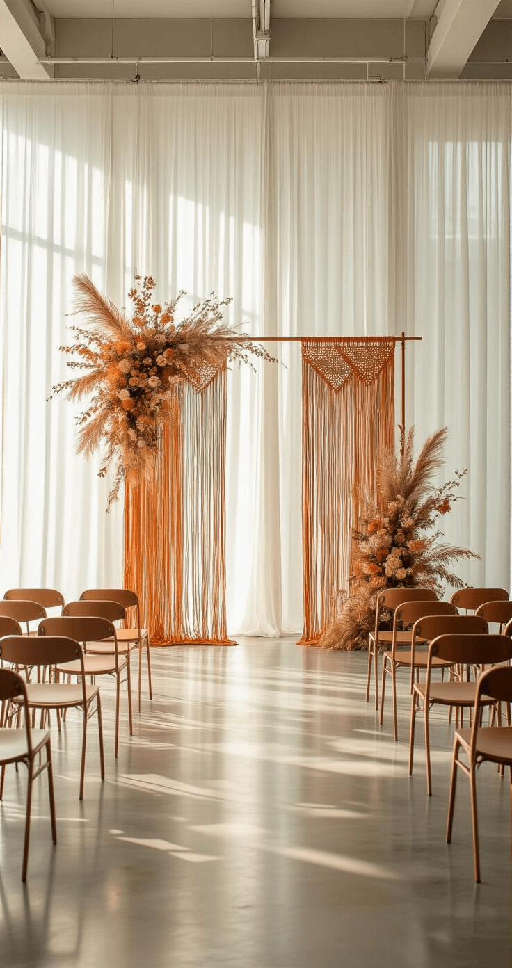 Modern minimalist ceremony space featuring a high ceiling and floor-to-ceiling windows. Soft, late afternoon light filters through sheer drapes, illuminating a dramatic burnt orange macramé backdrop at the altar, flanked by asymmetrical copper pipe arrangements with dried florals. Rows of ghost chairs create a clean aesthetic, with geometric light patterns casting on the polished concrete floor, contrasting cool whites with warm terracotta tones.