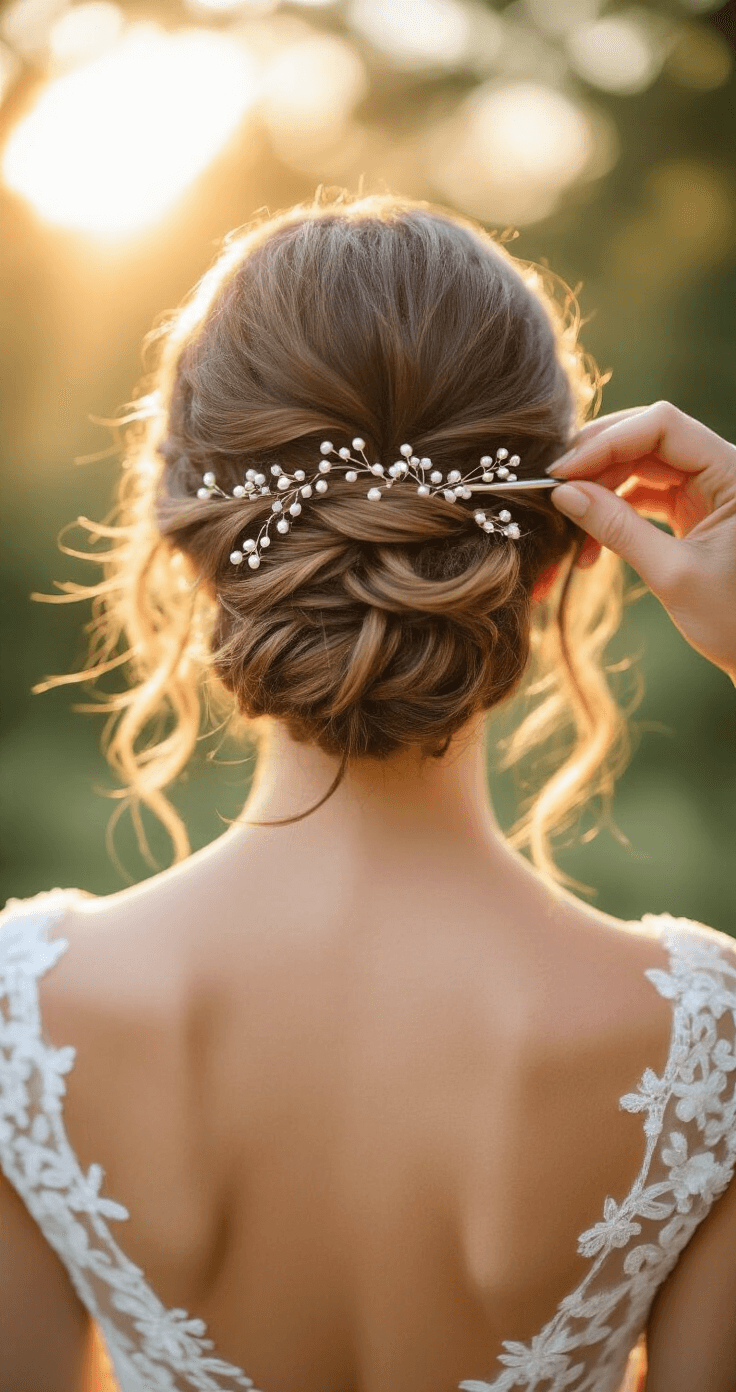 A bride receiving final hair touches in an outdoor garden pavilion at golden hour, with loose strands of her textured updo softly illuminated by natural backlight, highlighting minimal pearl pins, captured from behind to showcase the intricate hairstyle details.