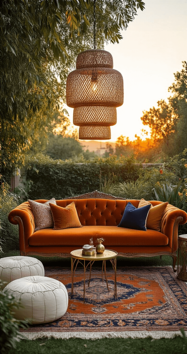 A cozy garden lounge vignette featuring a burnt orange velvet settee on a vintage Persian rug, surrounded by brass side tables and cream poufs, all illuminated by warm sunset lighting. The scene includes layered pillows in rust, mustard, and navy, with a hanging rattan pendant casting intricate shadows, viewed from an elevated angle.