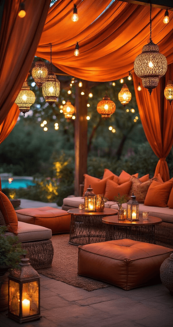 Cozy Bohemian cocktail area under a string-lit pergola, featuring burnt orange silk drapery, mixed-metal lanterns, terracotta-toned ottomans, and a dreamy bokeh effect from the lights.