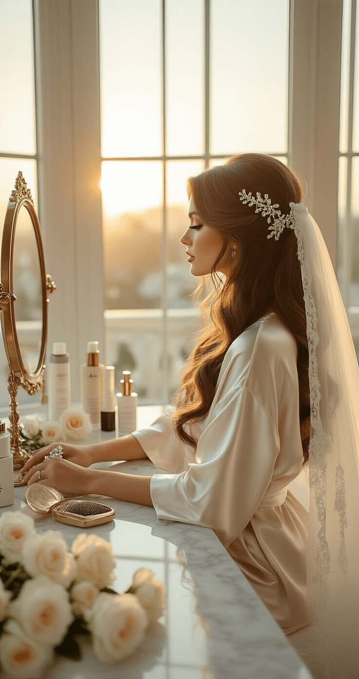 Bridal suite with floor-to-ceiling windows, bride in silk robe at elegant vanity, Hollywood waves hairstyle, vintage silver brush, golden hour light highlighting pearl accessories, marble vanity with luxury hair products and white roses, delicate lace veil, shot at 45-degree angle with dreamy bokeh effect.