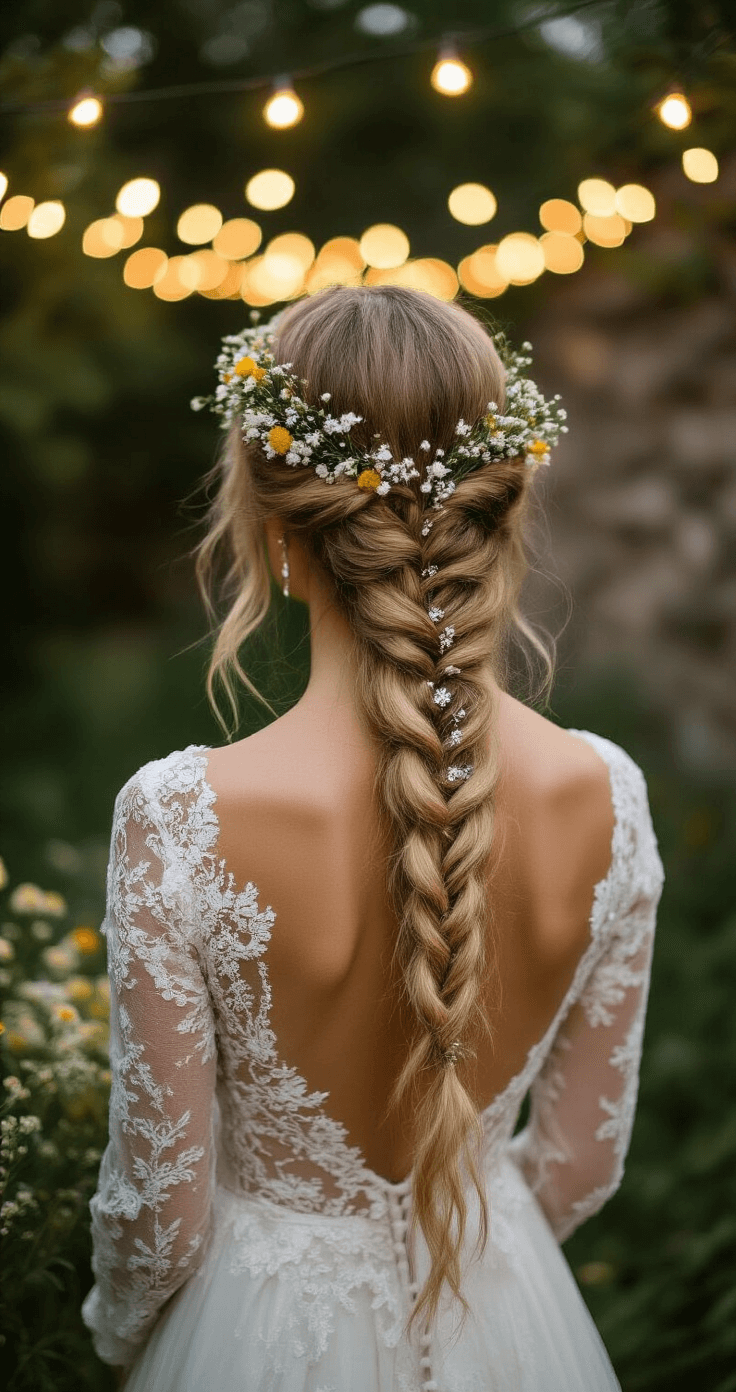 A bride in a bohemian lace gown stands in an enchanted garden at dusk, her intricate crown braid adorned with wildflowers and baby's breath, as warm string lights twinkle above. A natural stone wall provides texture in the background, while soft fairy lights create a magical bokeh effect. The shot captures her profile, showcasing the complex braid against the golden hour lighting.