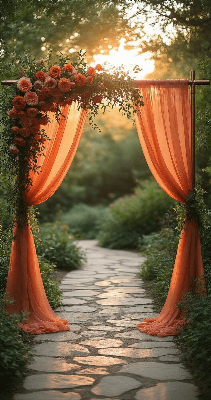 A romantic garden ceremony arch at magic hour, featuring an 8ft copper pipe framework draped with burnt orange chiffon and wild smilax vine. The asymmetrical floral installation includes coral charm peonies, rust-colored roses, and trailing amaranthus, with a natural stone path leading to the arch. The sun is positioned behind the structure, creating a backlit glow and an ethereal atmosphere with soft focus edges.