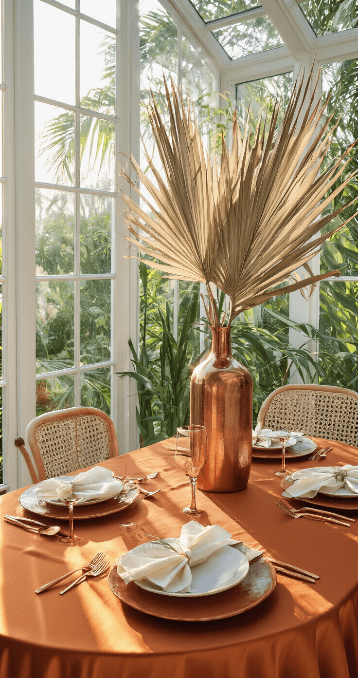 A romantic table setting in a window-lined conservatory, featuring a burnt orange silk tablecloth draping to the floor, oversized dried palm arrangement in a tall copper vase, terracotta chargers, cream linens, and modern copper flatware, all bathed in warm evening light and creating a moody atmosphere.