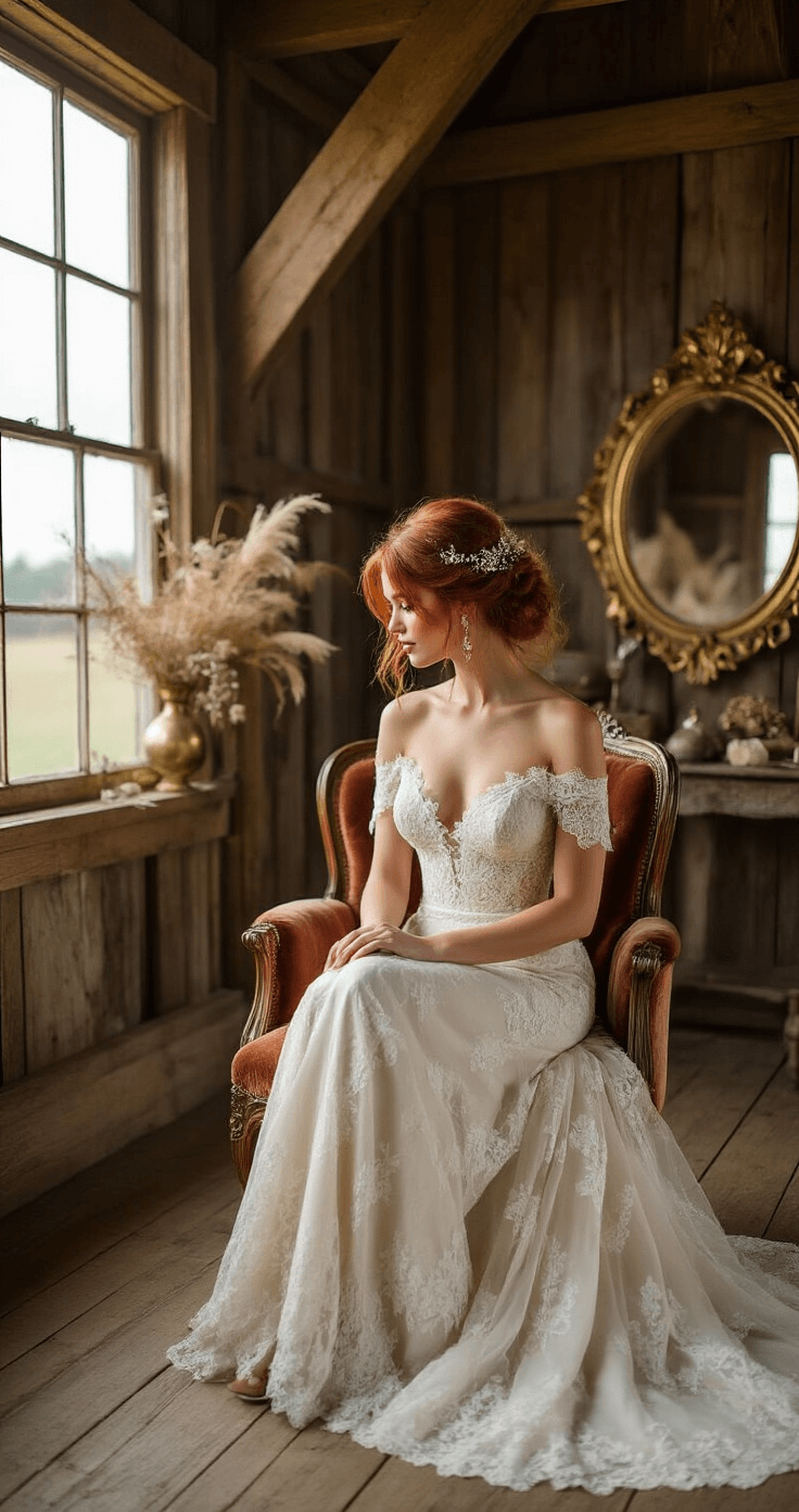 A side angle view of a bride in an off-shoulder lace gown seated on a vintage velvet chair in a rustic barn venue, showcasing her auburn hair styled in a messy chignon adorned with antique gold hair pins and a crystal hair vine. Soft window light highlights the scene, featuring antique brass mirrors and dried flowers.
