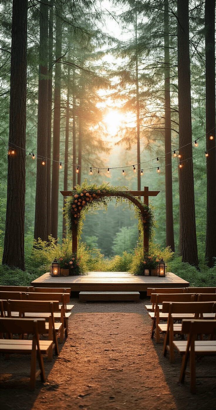 Campground Wedding: Your Ultimate Guide to an Unforgettable Outdoor Celebration Twilight wedding ceremony in a forest clearing, featuring wooden benches, a handcrafted arch with wild roses, string lights overhead, and a decorated stage, all illuminated by warm amber light.