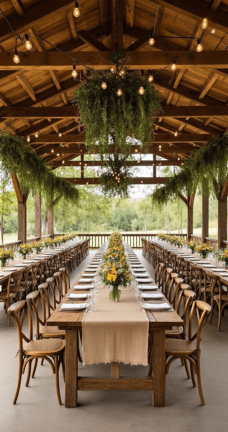 Campground Wedding: Your Ultimate Guide to an Unforgettable Outdoor Celebration A rustic open-air reception pavilion featuring large exposed wooden beams, farmhouse tables with burlap runners and wildflower centerpieces, adorned with cross-back wooden chairs, macramé wall hangings, and hanging greenery, illuminated by zigzagged Edison bulb lighting in warm afternoon light.