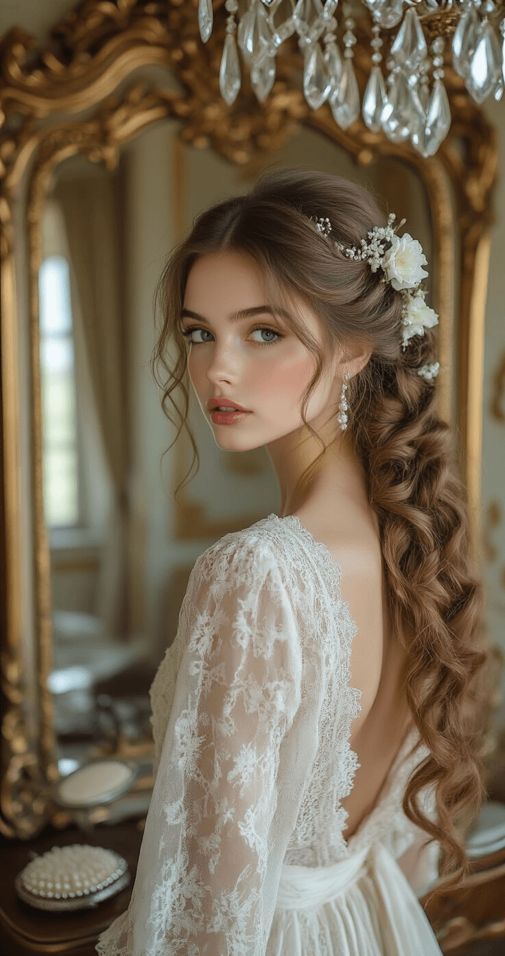A vintage-inspired dressing room in a historic château featuring ornate gilt mirrors and a crystal chandelier, with a model in a lace robe adorned with fresh flowers in her half-up, half-down hairstyle, long curls cascading over her shoulders. An antique silver hairbrush set and pearl hair accessories are nearby, captured in a warm, softly lit setting.