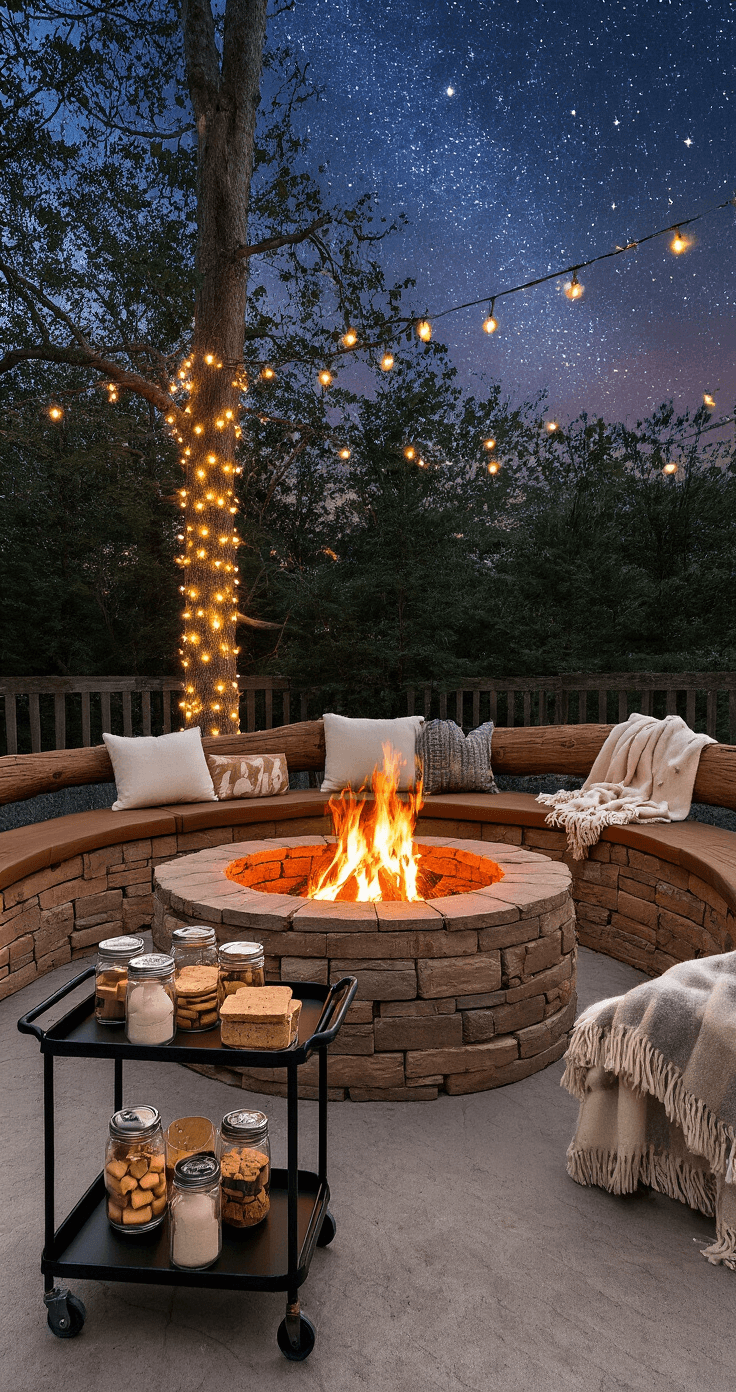 Campground Wedding: Your Ultimate Guide to an Unforgettable Outdoor Celebration A cozy circular stone fire pit surrounded by log seating and wool blankets, with a vintage bar cart displaying s'mores ingredients in glass jars. Fairy lights are wrapped around nearby trees, illuminating the scene at dusk with the warm glow of the fire against a starry sky, featuring rich browns, warm oranges, and midnight blues.