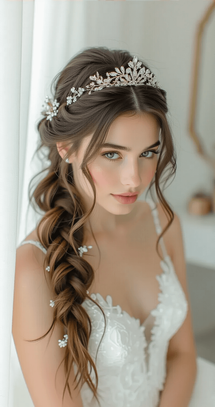 Close-up portrait of a bride in a minimalist suite, showcasing intricate crown braiding with caramel-highlighted brunette hair, adorned with floral clips, as morning light filters through sheer curtains. A makeup artist applies final touches amidst a luxe setting with white marble countertops and crystal accents.