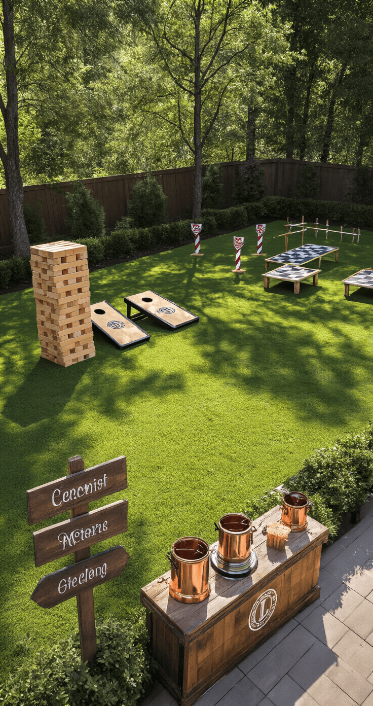 Campground Wedding: Your Ultimate Guide to an Unforgettable Outdoor Celebration An elevated view of a 30x40ft manicured lawn setup featuring Giant Jenga, custom-monogrammed cornhole sets, and a vintage croquet course. Dappled sunlight filters through trees, with wooden directional signs and a drink station with copper dispensers visible amidst fresh greens and weathered woods.