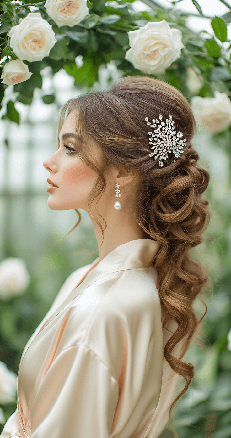 Bride in a champagne silk robe, captured in a Victorian greenhouse, with diffused afternoon light illuminating her half-up hairstyle adorned with a crystal hair comb among cascading copper-toned curls. The background features emerald foliage and white roses, with pearl drop earrings visible.